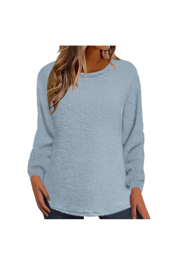 Womens Winter Warm Tops Long Sleeve Fuzzy Fleece Pullover Crewneck Soft Casual Sweaters Fall Clothes Loungewear