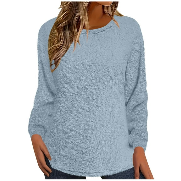 BLVB Womens Winter Warm Tops Long Sleeve Fuzzy Fleece Pullover Crewneck Soft Casual Sweaters Fall Clothes Loungewear