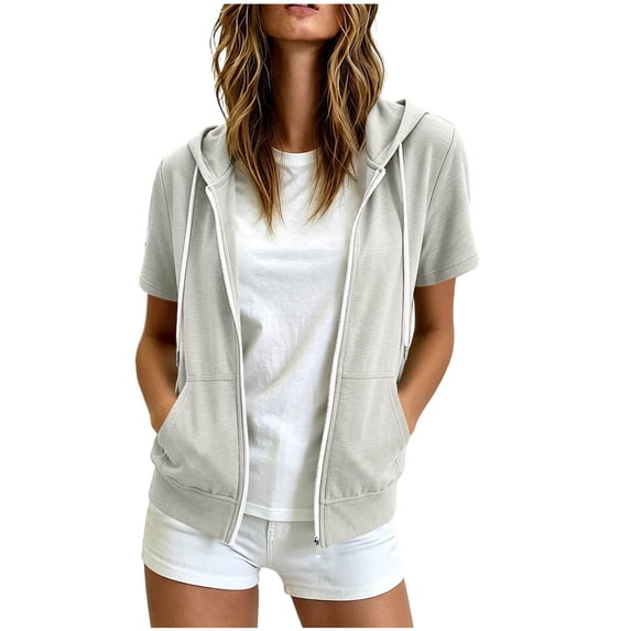 BLVB Womens Zip up Hoodie Casual Loose Short Sleeve Jacket Drawstring Full Zip Sweatshirt with Pockets