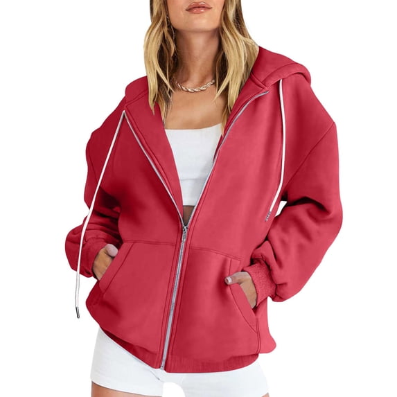 BLVB Womens Zip up Hoodies Cozy Fall Winter Sweatshirts Long Sleeve Drawstring Jackets Coat Outerwear with Pocket Red