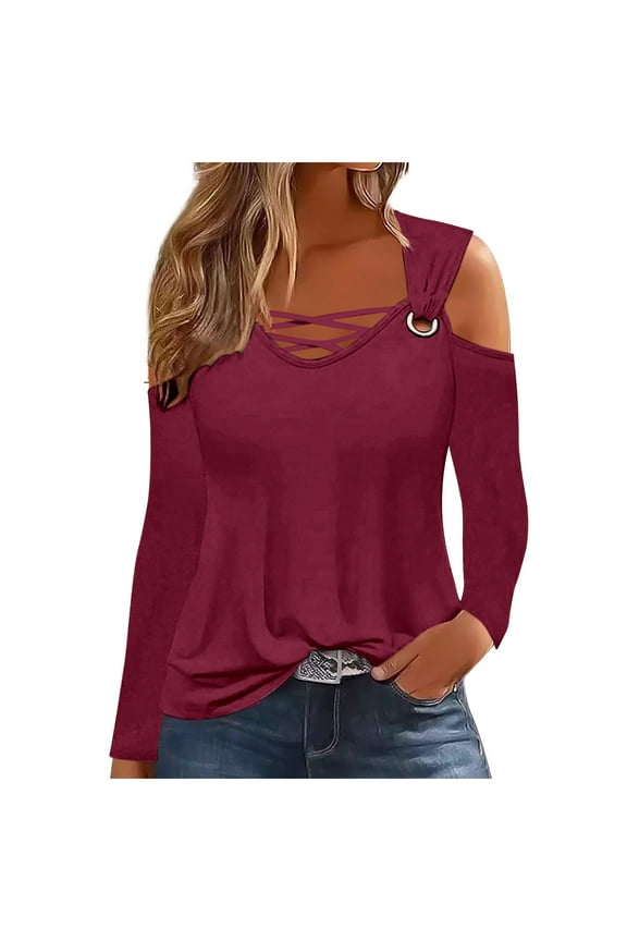 Womens off Shoulder Tunic Tops Trendy Criss-Cross Long Sleeve Shirts Casual Ladies Fall Going out Blouse
