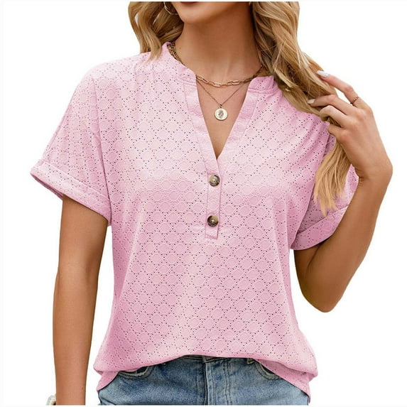 BLVB Work Tops for Women Summer Casual Short Sleeve T Shirts Solid Color Button Basic Tunic Blouses Trendy Clothes