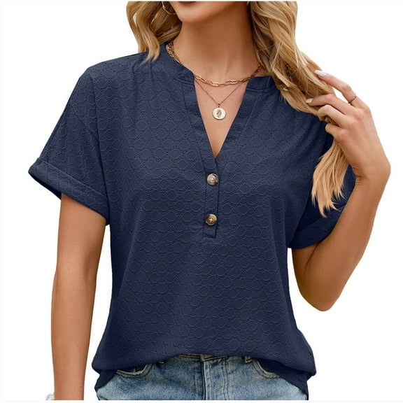BLVB Work Tops for Women Summer Casual Short Sleeve T Shirts Solid Color Button Basic Tunic Blouses Trendy Clothes