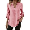 thumbnail image 1 of BLVB Work Tops for Women V Neck Henley Roll up Long Sleeve Dressy Casual Shirts Ladies Loose Office Blouses Tunic, 1 of 7