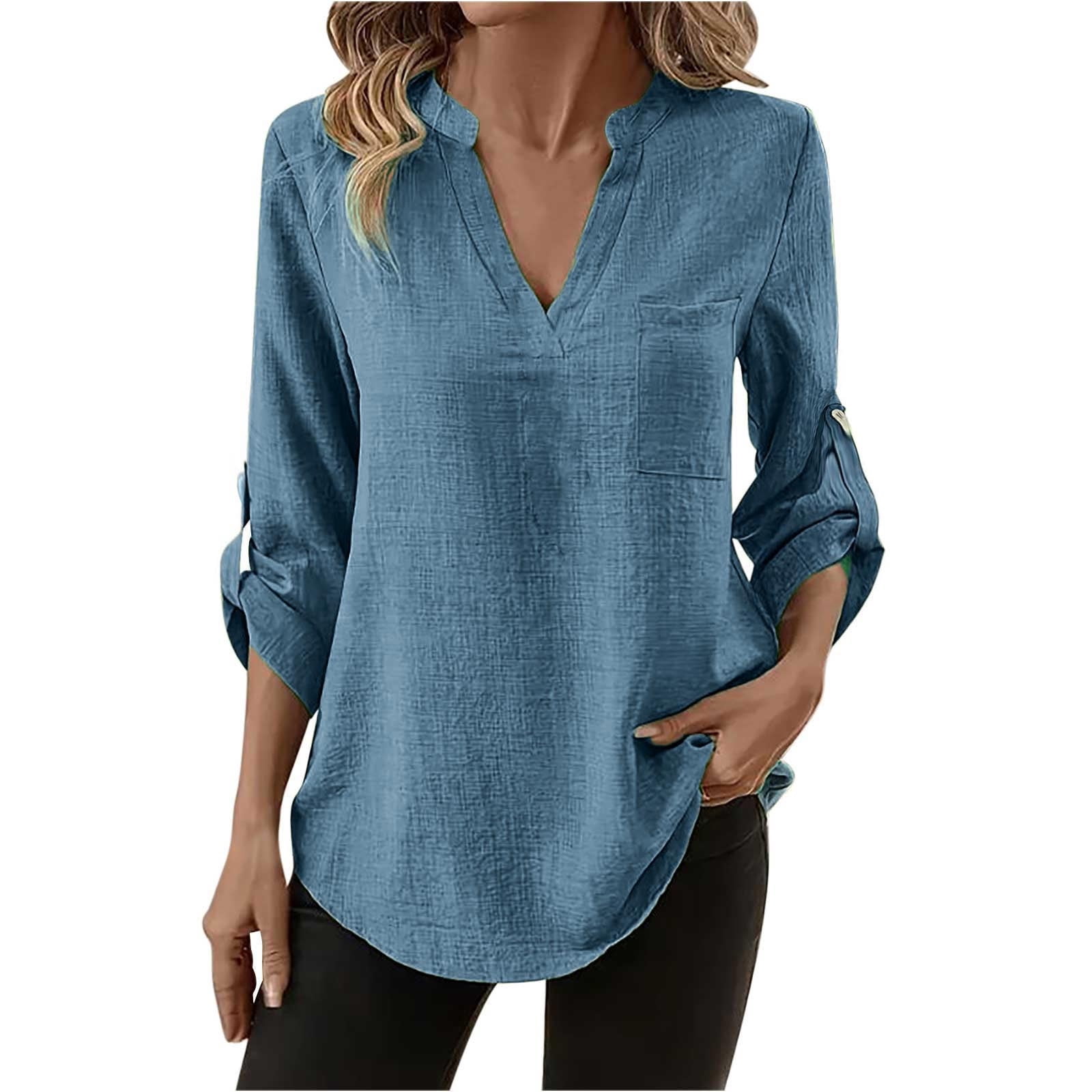 BLVB Work Tops for Women V Neck Henley Roll up Long Sleeve Dressy ...