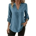 thumbnail image 1 of BLVB Work Tops for Women V Neck Henley Roll up Long Sleeve Dressy Casual Shirts Ladies Loose Office Blouses Tunic, 1 of 7