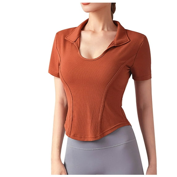 BLVB Workout Crop Tops for Women Collared Short Sleeve Slim Fitted Yoga Gym Fitness Summer Tee Shirts