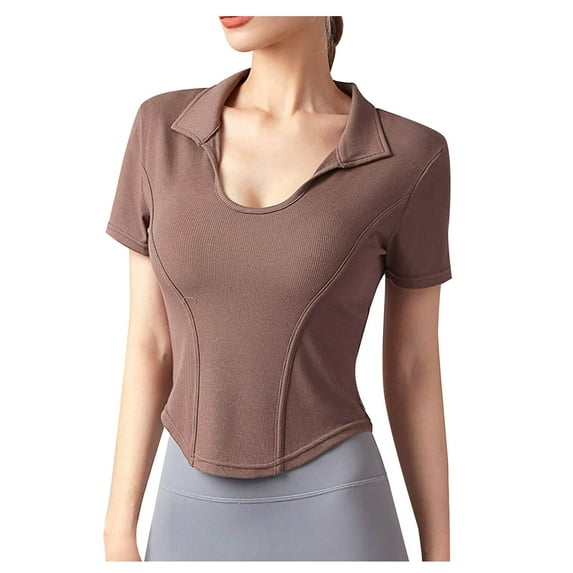 BLVB Workout Crop Tops for Women Collared Short Sleeve Slim Fitted Yoga Gym Fitness Summer Tee Shirts