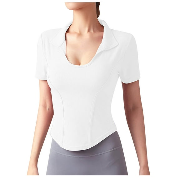 BLVB Workout Crop Tops for Women Collared Short Sleeve Slim Fitted Yoga Gym Fitness Summer Tee Shirts