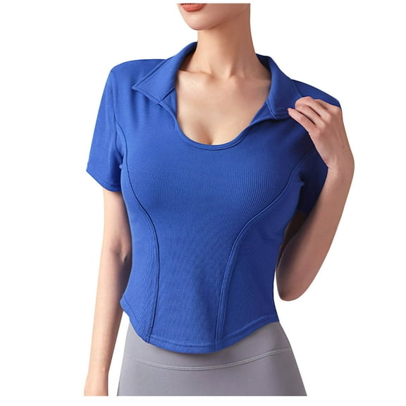 BLVB Workout Crop Tops for Women Collared Short Sleeve Slim Fitted Yoga Gym Fitness Summer Tee Shirts