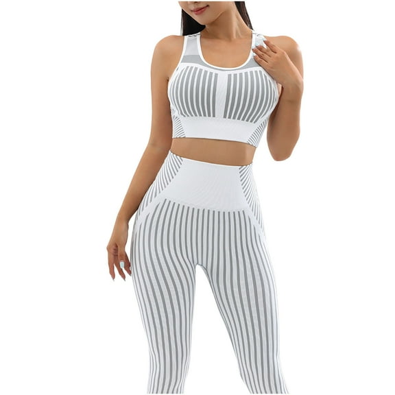 BLVB Workout Outfits for Women 2 Piece Outfits Seamless Crop Tank High Waist Yoga Leggings Sets Active Wear White