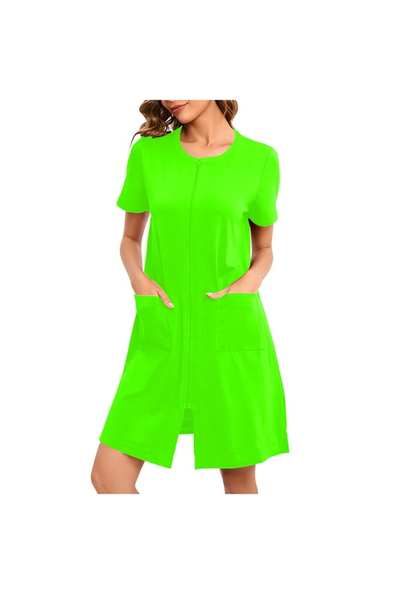 Zip up Robes for Women Short Sleeves Comfy Zipper House Coat Short Bathrobes Lightweight Nightgown with Pockets S-2XL