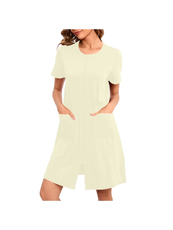 Zip up Robes for Women Short Sleeves Comfy Zipper House Coat Short Bathrobes Lightweight Nightgown with Pockets S-2XL