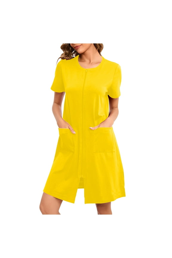 Zip up Robes for Women Short Sleeves Comfy Zipper House Coat Short Bathrobes Lightweight Nightgown with Pockets S-2XL