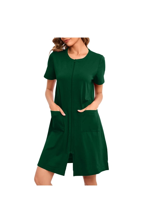 Zip up Robes for Women Short Sleeves Comfy Zipper House Coat Short Bathrobes Lightweight Nightgown with Pockets S-2XL