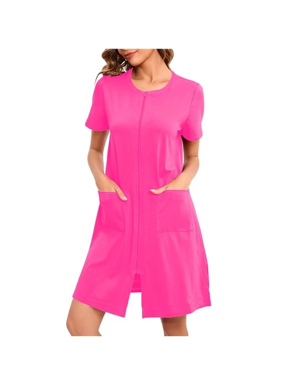 Zip up Robes for Women Short Sleeves Comfy Zipper House Coat Short Bathrobes Lightweight Nightgown with Pockets S-2XL