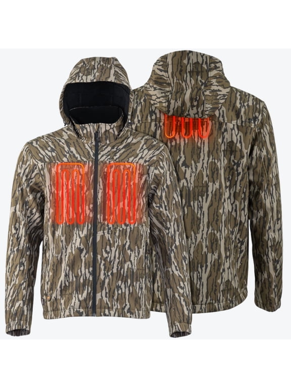 BLX Heated Hunting Jacket for Men, 3 Heat Zones, 7.4V 2250mAh Battery Included, Mossy Oak Bottomland Camo, Blx Camo
