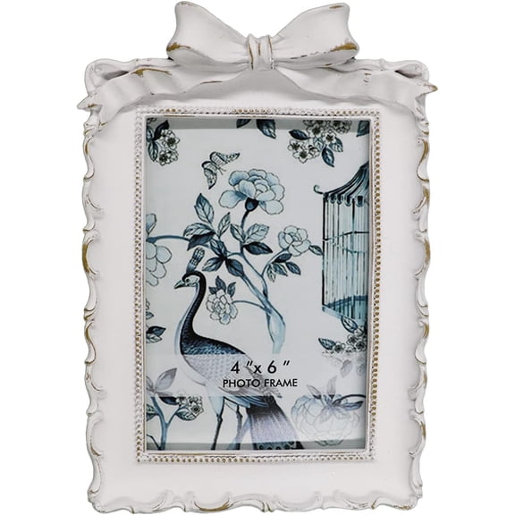 BLYBH Vintage Picture Frame 4x6 Bowknot Retro Photo Frames, Tabletop & Wall Hanging Ornate Antique Picture Frame with High Definition Glass, White