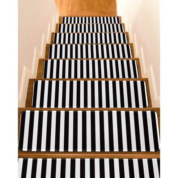 BLack White Stripes Simple Stair Treads Non Slip for Steps Geometric 7 Pcs Reusable Adhesive Stair Runner Mats for Dogs Elders Carpet Treads Rugs for Staircase 8x30 In