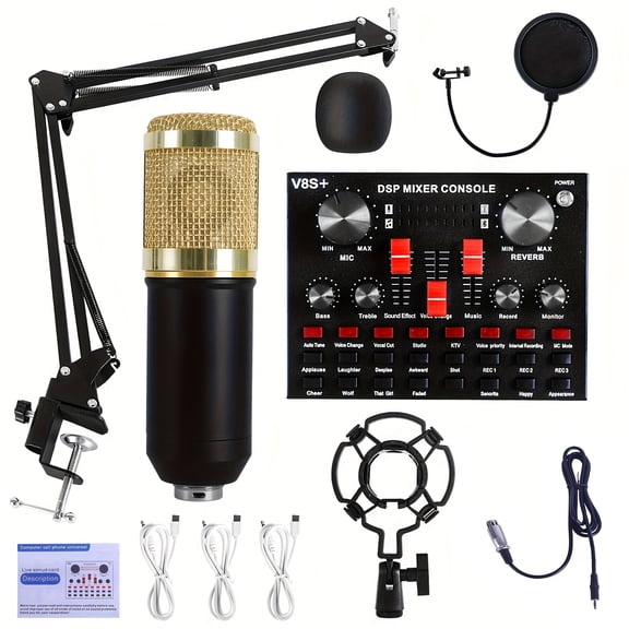 BM-800 Condenser Podcast Microphone Bundle: Audio Mixer, Voice Changer And Studio Equipment Included - for Laptop, Vlog, Living Broadcast, Live Streaming