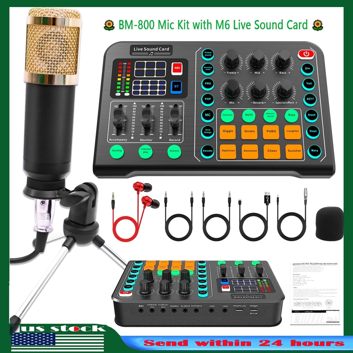 BM-800 Podcast Microphone Bundle with Tripod Stand, Podcast Equipment Bundle with M6 Live Sound Card, Studio equipment for Streaming Broadcast,Gaming,Recording,Singing,Tiktok,YouTube