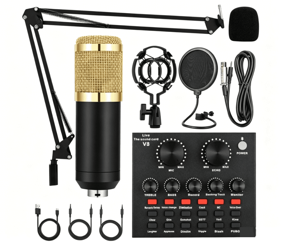 BM-800 Professional Condenser Microphone Kit with V8 Sound Card & Voice Changer - Complete Podcast Bundle with Headphones, Shock Mount, Pop Filter - for Streaming, YouTube, Home Studio Recording