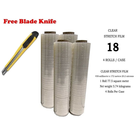 BM Paper 1 X Four (4) Plastic Shrink Stretch Wrap 445mm x 450m, 4RLS/CS + Free BLADE