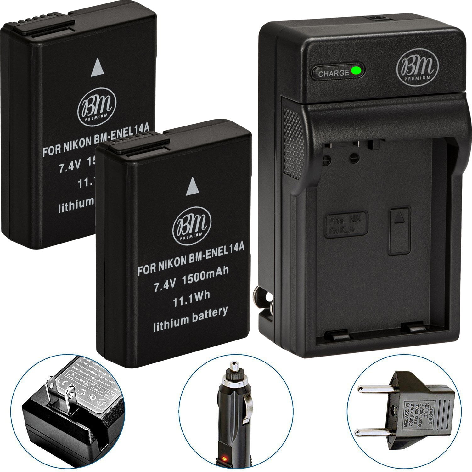 BM Premium 2 ENEL14A Batteries and Charger for Nikon D3100 D3200 D3300