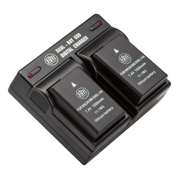 BM Premium 2 Pack of EN-EL14A Batteries and Dual Bay Battery Charger for Nikon D3100, D3200, D3300, D3400, D3500, D5100, D5200, D5300, D5500, D5600, DF Coolpix P7000, P7100, P7700, P7800 Cameras