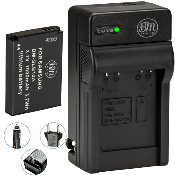BM Premium SLB-10A Battery and Charger for Samsung WB250F, WB2100, WB500, WB550, WB750, WB800F, WB850, WB850F Cameras