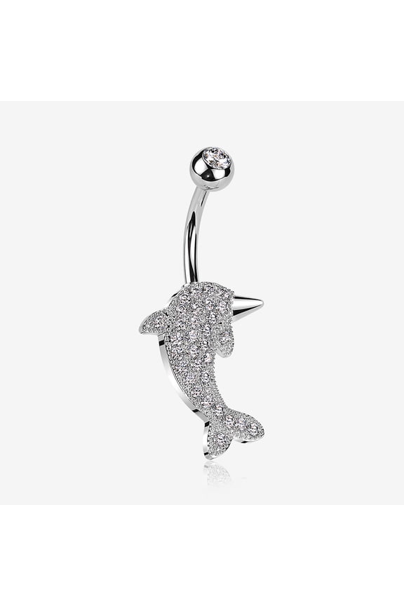 BM25 Adorable Dolphin Brilliant Sparkle Belly Button Ring-Clear Gem
