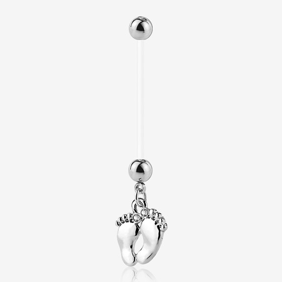 BM25 Baby Feet Sparkle Dangle Bio-Flex Pregnancy Belly Button Ring-Clear Gem