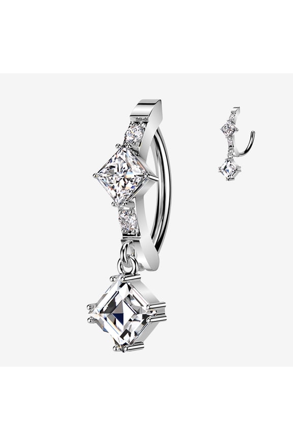 BM25 Brilliant Diamante Sparkle Dangle Curved Bar Belly Clicker-Clear Gem