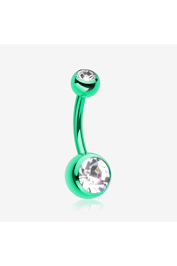 BM25 Colorline Double Gem Ball Steel Belly Button Ring-Green/Clear Gem