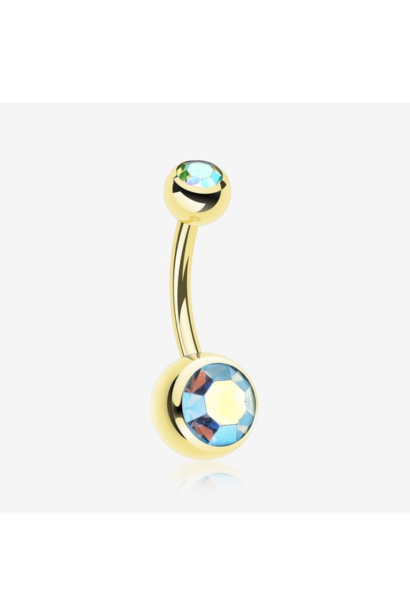 BM25 Gold PVD Double Gem Ball Steel Belly Button Ring-Aqua/Aurora Borealis