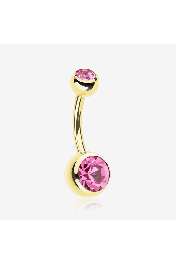 BM25 Gold PVD Double Gem Ball Steel Belly Button Ring-Pink