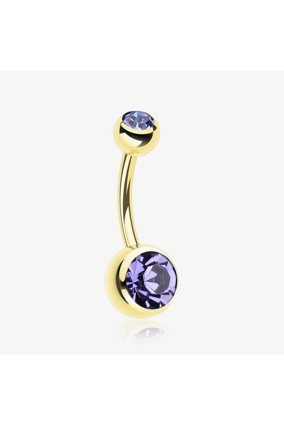 BM25 Gold PVD Double Gem Ball Steel Belly Button Ring-Tanzanite