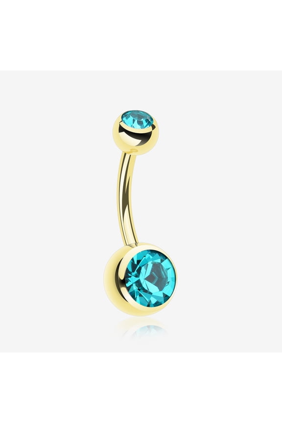 BM25 Gold PVD Double Gem Ball Steel Belly Button Ring-Teal