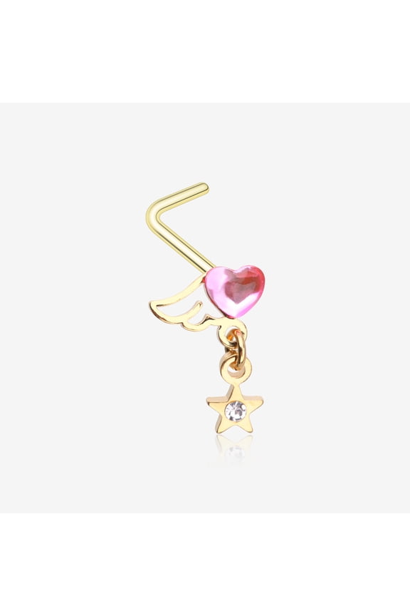 BM25 Golden Angel Heart Sparkle Star Dangle L-Shaped Nose Ring-Pink/Clear Gem