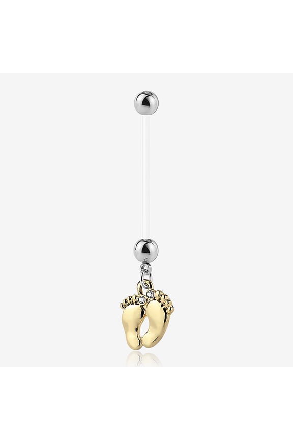 BM25 Golden Baby Feet Sparkle Dangle Bio-Flex Pregnancy Belly Button Ring-Clear Gem
