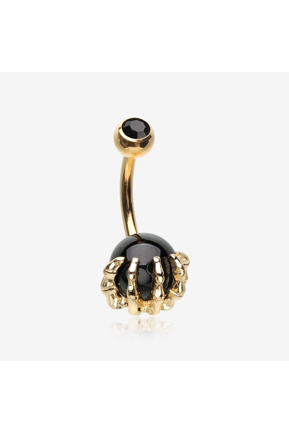BM25 Golden Onyx Stone Orb Shine Skeleton Hand Belly Button Ring