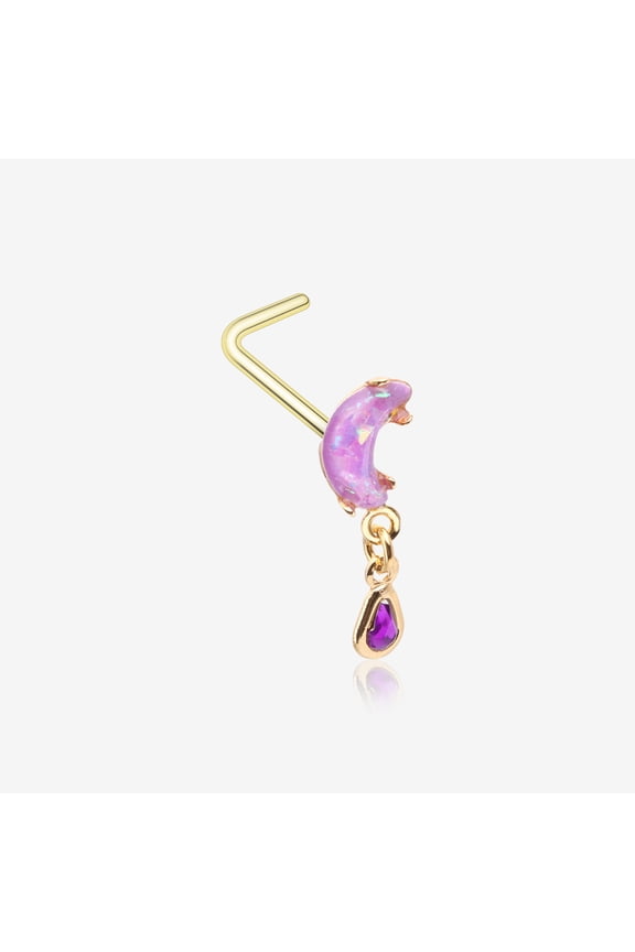 BM25 Golden Opalescent Moon Sparkle Teardrop Dangle L-Shaped Nose Ring-Purple