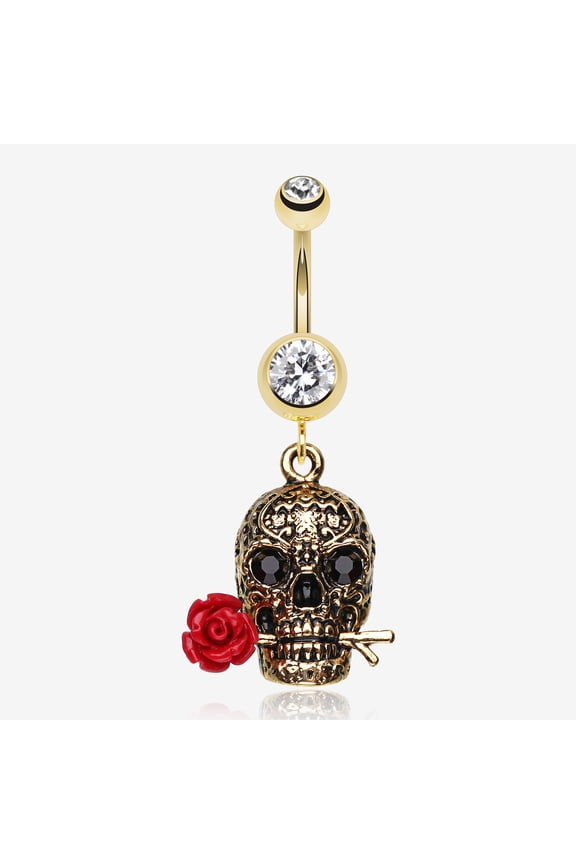 BM25 Golden Skull Rose Belly Ring-Clear Gem