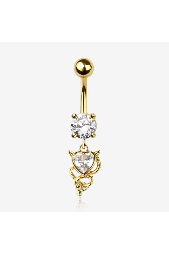 BM25 Golden Tailed Devil's Heart Sparkle Dangle Belly Button Ring-Clear Gem