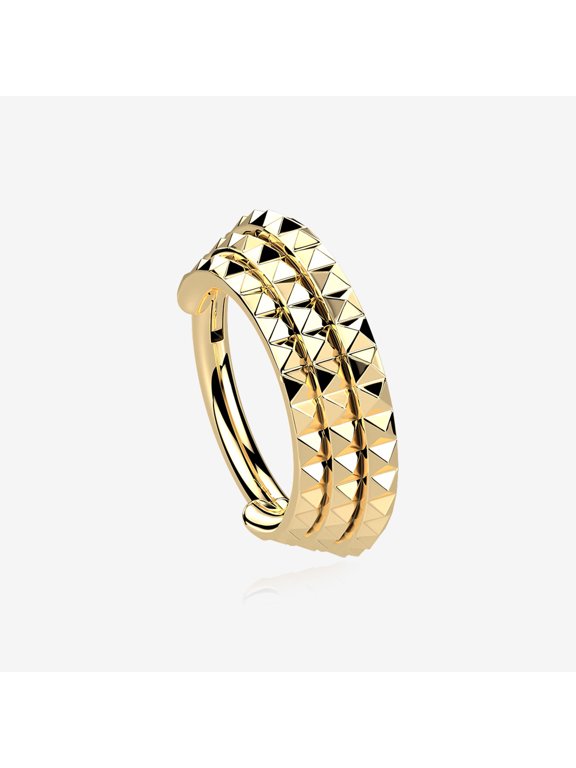 BM25 Golden Triple Stacked Pyramid Studded Geometric Seamless Clicker Hoop Ring