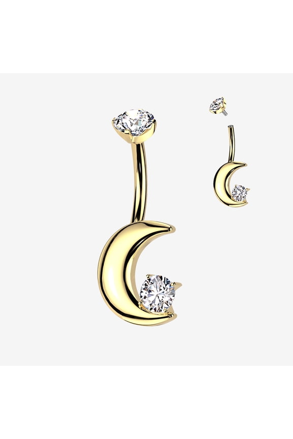 BM25 Implant Grade Titanium Golden Crescent Moon Sparkle Internally Threaded Belly Button Ring-Clear Gem