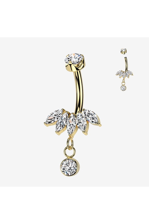 BM25 Implant Grade Titanium Golden Marquise Floral Sparkle Dangle Internally Threaded Belly Button Ring-Clear Gem