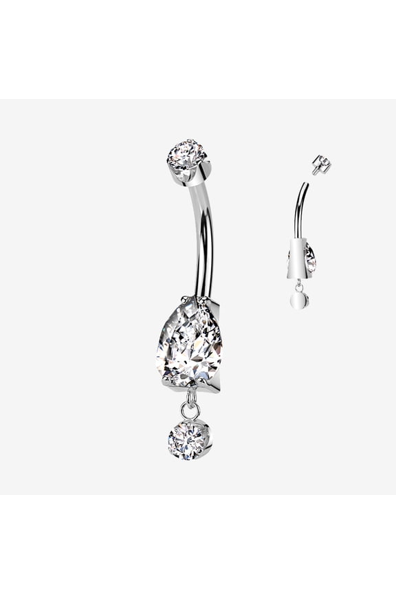 BM25 Implant Grade Titanium Teardrop Sparkle Dangle Internally Threaded Belly Button Ring-Clear Gem