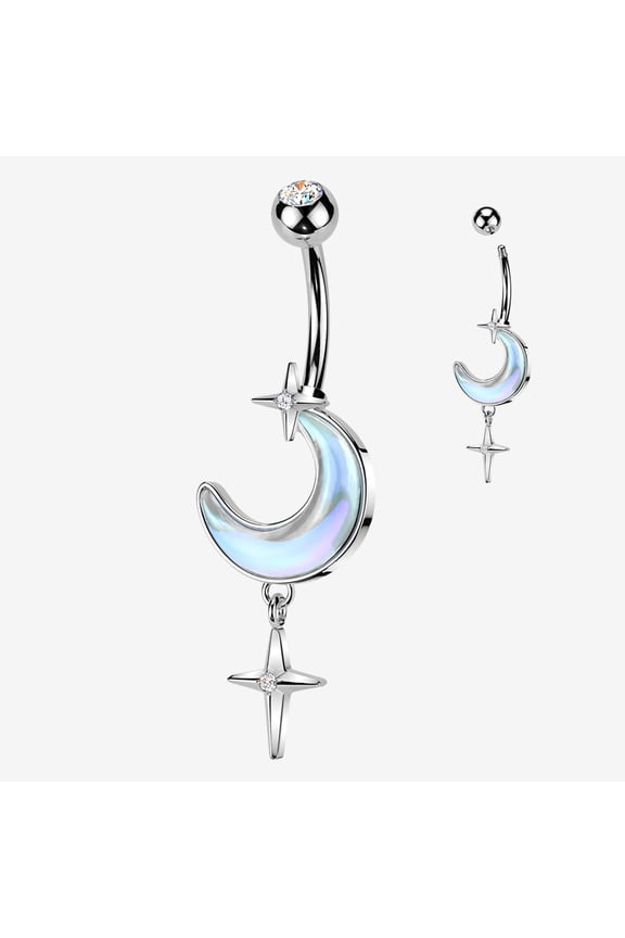 BM25 Iridescent Aurora Crescent Moon Sparkle Star Dangle Belly Button Ring-Clear Gem