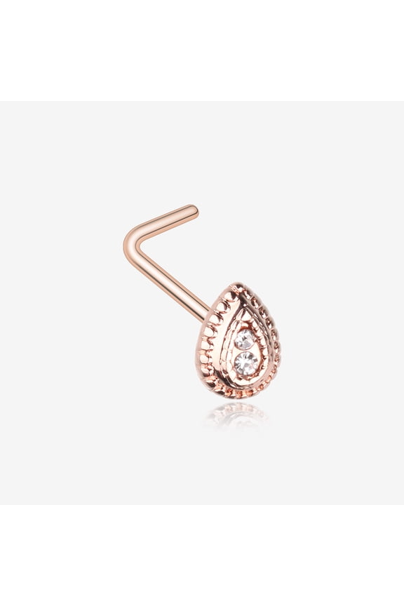 BM25 Rose Gold Bali Avice Teardrop Sparkle L-Shaped Nose Ring-Clear Gem